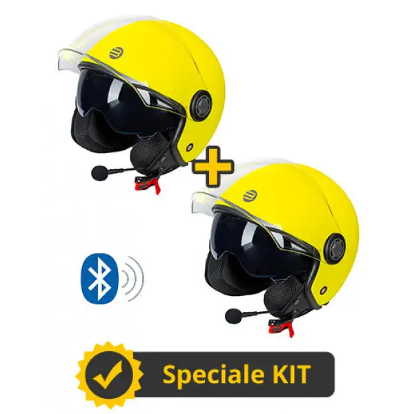 Kit Coppia Rapid Connect III Giallo Fluo Opaco - 2 Caschi Jet Befast Con Interfono Integrato 1 Kit Coppia Rapid Connect III Giallo Fluo Opaco - 2 Caschi Jet Befast Con Interfono Integrato